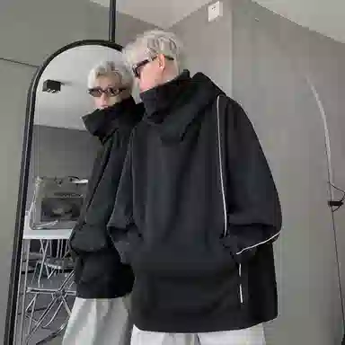 玉儿恋 美式嘻哈复古纯色街头加绒加厚内里堆堆领设计感防风骑行百搭高街宽松重磅华棉加绒保暖连帽长袖卫衣 男女同款