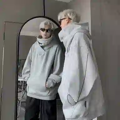玉儿恋 美式嘻哈复古纯色街头加绒加厚内里堆堆领设计感防风骑行百搭高街宽松重磅华棉加绒保暖连帽长袖卫衣 男女同款
