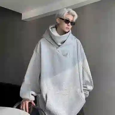 玉儿恋 美式嘻哈复古纯色街头加绒加厚内里堆堆领设计感防风骑行百搭高街宽松重磅华棉加绒保暖连帽长袖卫衣 男女同款