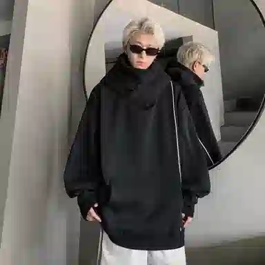 玉儿恋 美式嘻哈复古纯色街头加绒加厚内里堆堆领设计感防风骑行百搭高街宽松重磅华棉加绒保暖连帽长袖卫衣 男女同款