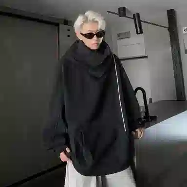 玉儿恋 美式嘻哈复古纯色街头加绒加厚内里堆堆领设计感防风骑行百搭高街宽松重磅华棉加绒保暖连帽长袖卫衣 男女同款