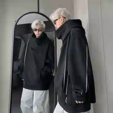 玉儿恋 美式嘻哈复古纯色街头加绒加厚内里堆堆领设计感防风骑行百搭高街宽松重磅华棉加绒保暖连帽长袖卫衣 男女同款