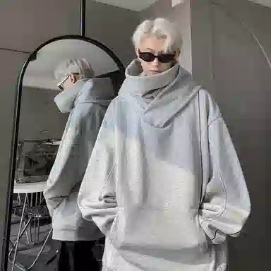 玉儿恋 美式嘻哈复古纯色街头加绒加厚内里堆堆领设计感防风骑行百搭高街宽松重磅华棉加绒保暖连帽长袖卫衣 男女同款