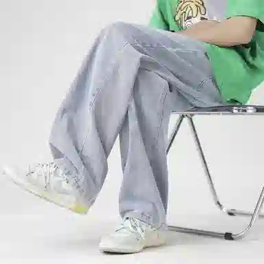 星际者 美式复古水洗基础款高街做旧舒适亲肤透气直筒通勤百搭垂感显高系带简约牛仔裤 男女同款 磨白蓝