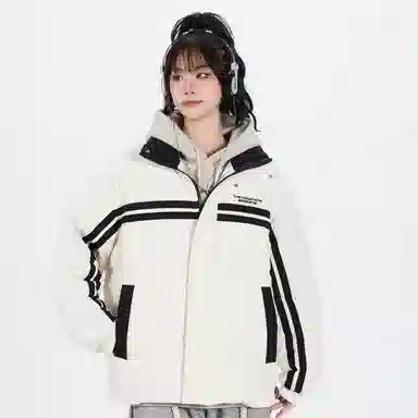 鸭鸭 青少年基础款字母印花条纹拼接撞色休闲宽松时尚百搭校园氛围感加厚防风保暖拉链立领羽绒服 男女同款
