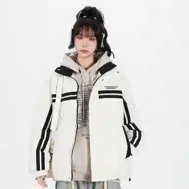 鸭鸭 青少年基础款字母印花条纹拼接撞色休闲宽松时尚百搭校园氛围感加厚防风保暖拉链立领羽绒服 男女同款