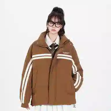 鸭鸭 青少年基础款字母印花条纹拼接撞色休闲宽松时尚百搭校园氛围感加厚防风保暖拉链立领羽绒服 男女同款