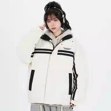 鸭鸭 青少年基础款字母印花条纹拼接撞色休闲宽松时尚百搭校园氛围感加厚防风保暖拉链立领羽绒服 男女同款