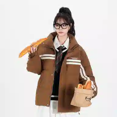 鸭鸭 青少年基础款字母印花条纹拼接撞色休闲宽松时尚百搭校园氛围感加厚防风保暖拉链立领羽绒服 男女同款