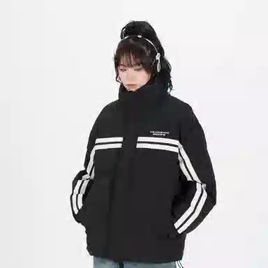 鸭鸭 青少年基础款字母印花条纹拼接撞色休闲宽松时尚百搭校园氛围感加厚防风保暖拉链立领羽绒服 男女同款