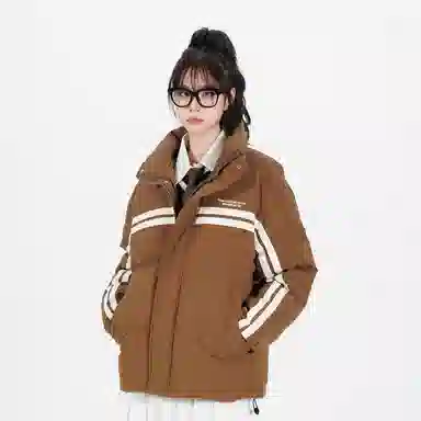 鸭鸭 青少年基础款字母印花条纹拼接撞色休闲宽松时尚百搭校园氛围感加厚防风保暖拉链立领羽绒服 男女同款