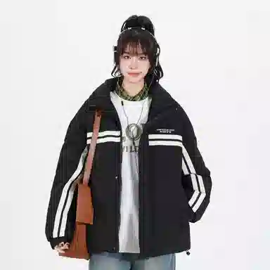 鸭鸭 青少年基础款字母印花条纹拼接撞色休闲宽松时尚百搭校园氛围感加厚防风保暖拉链立领羽绒服 男女同款