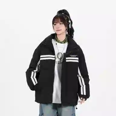 鸭鸭 青少年基础款字母印花条纹拼接撞色休闲宽松时尚百搭校园氛围感加厚防风保暖拉链立领羽绒服 男女同款