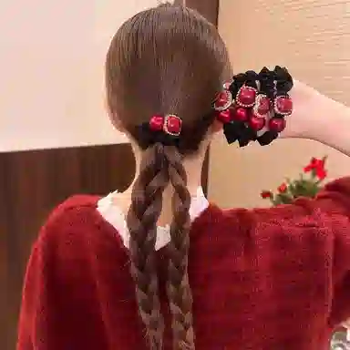 丹琴 红色喜庆水钻高马尾丸子头小肠圈皮筋头饰 布艺 头绳 女款