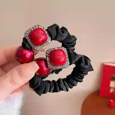 丹琴 红色喜庆水钻高马尾丸子头小肠圈皮筋头饰 布艺 头绳 女款