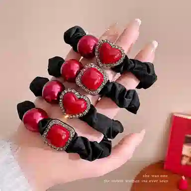 丹琴 红色喜庆水钻高马尾丸子头小肠圈皮筋头饰 布艺 头绳 女款