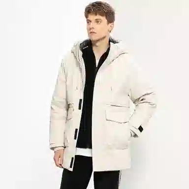 鸭鸭 纯色大口袋保暖防风连帽羽绒服 男款