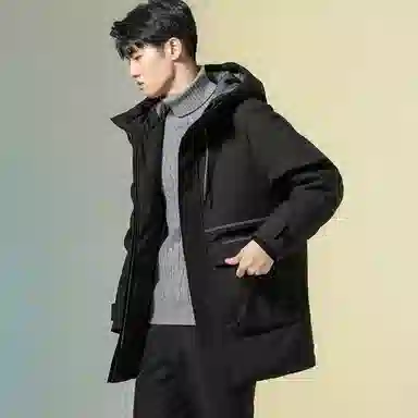 鸭鸭 纯色大口袋保暖防风连帽羽绒服 男款