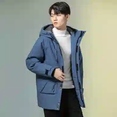 鸭鸭 纯色大口袋保暖防风连帽羽绒服 男款