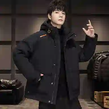 鸭鸭 纯色休闲大口袋短款连帽羽绒服 男款