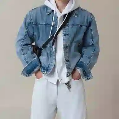 我是大卫 复古水洗做旧牛仔韩系轻熟风短款翻领夹克外套 男女同款