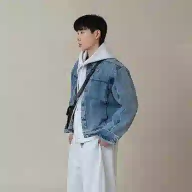 我是大卫 复古水洗做旧牛仔韩系轻熟风短款翻领夹克外套 男女同款