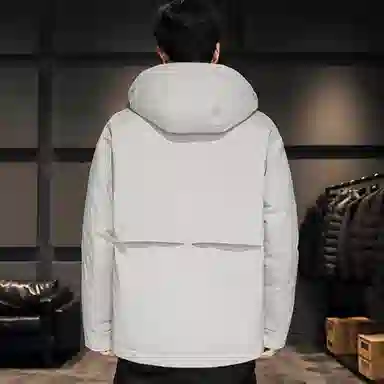 鸭鸭 纯色休闲大口袋短款连帽羽绒服 男款