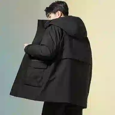 鸭鸭 纯色大口袋保暖防风连帽羽绒服 男款
