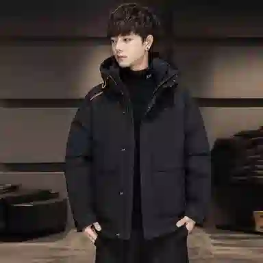 鸭鸭 纯色休闲大口袋短款连帽羽绒服 男款