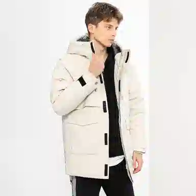 鸭鸭 纯色大口袋保暖防风连帽羽绒服 男款