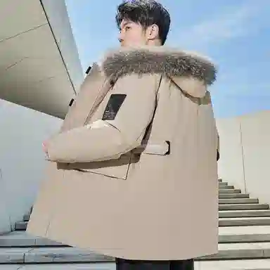 鸭鸭 山系户外多口袋工装风鸭绒休闲保暖宽松连帽套头纯色毛领暗黑羽绒服 男女同款