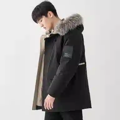 鸭鸭 山系户外多口袋工装风鸭绒休闲保暖宽松连帽套头纯色毛领暗黑羽绒服 男女同款