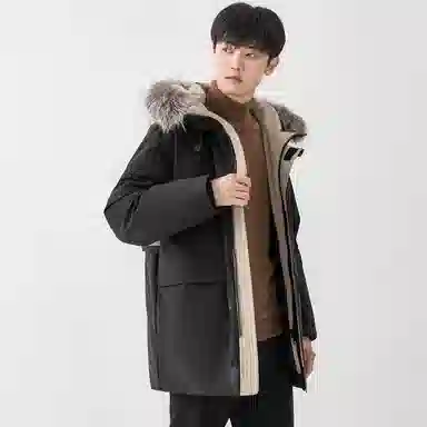 鸭鸭 山系户外多口袋工装风鸭绒休闲保暖宽松连帽套头纯色毛领暗黑羽绒服 男女同款