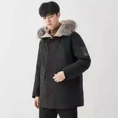 鸭鸭 山系户外多口袋工装风鸭绒休闲保暖宽松连帽套头纯色毛领暗黑羽绒服 男女同款