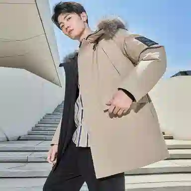 鸭鸭 山系户外多口袋工装风鸭绒休闲保暖宽松连帽套头纯色毛领暗黑羽绒服 男女同款