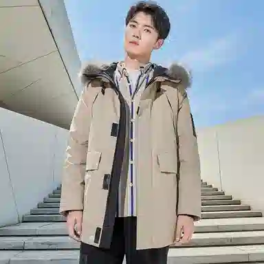 鸭鸭 山系户外多口袋工装风鸭绒休闲保暖宽松连帽套头纯色毛领暗黑羽绒服 男女同款