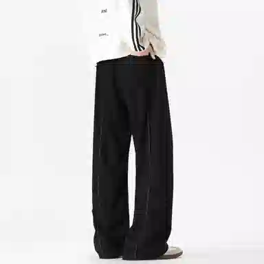 美式复古纯色基础款中腰拼接明线褶皱弯刀裤加绒加厚裤子宽松大码卫裤直筒阔腿休闲长裤简约百搭重磅垂感针织运动裤 男女同款