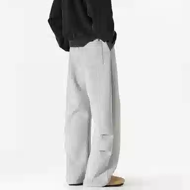 美式复古纯色基础款中腰拼接明线褶皱弯刀裤加绒加厚裤子宽松大码卫裤直筒阔腿休闲长裤简约百搭重磅垂感针织运动裤 男女同款