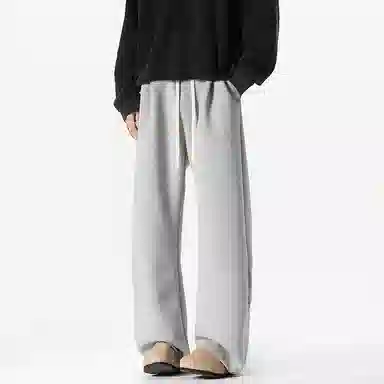 美式复古纯色基础款中腰拼接明线褶皱弯刀裤加绒加厚裤子宽松大码卫裤直筒阔腿休闲长裤简约百搭重磅垂感针织运动裤 男女同款