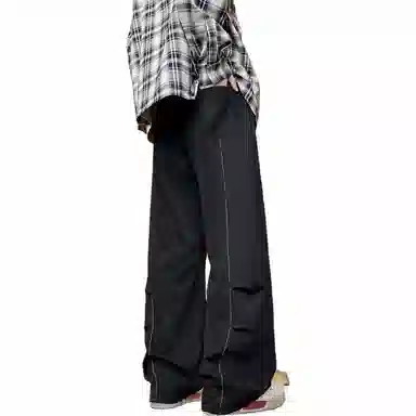 美式复古纯色基础款中腰拼接明线褶皱弯刀裤加绒加厚裤子宽松大码卫裤直筒阔腿休闲长裤简约百搭重磅垂感针织运动裤 男女同款