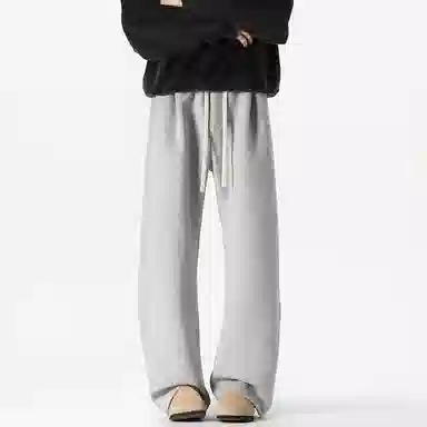 美式复古纯色基础款中腰拼接明线褶皱弯刀裤加绒加厚裤子宽松大码卫裤直筒阔腿休闲长裤简约百搭重磅垂感针织运动裤 男女同款