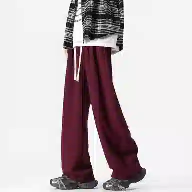 美式复古纯色基础款中腰拼接明线褶皱弯刀裤加绒加厚裤子宽松大码卫裤直筒阔腿休闲长裤简约百搭重磅垂感针织运动裤 男女同款