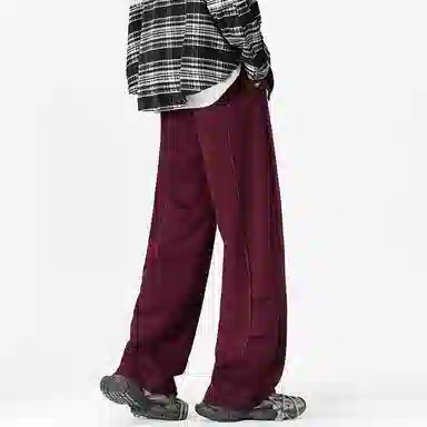 美式复古纯色基础款中腰拼接明线褶皱弯刀裤加绒加厚裤子宽松大码卫裤直筒阔腿休闲长裤简约百搭重磅垂感针织运动裤 男女同款