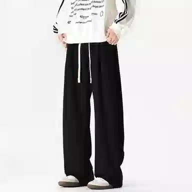 美式复古纯色基础款中腰拼接明线褶皱弯刀裤加绒加厚裤子宽松大码卫裤直筒阔腿休闲长裤简约百搭重磅垂感针织运动裤 男女同款