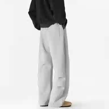 美式复古纯色基础款中腰拼接明线褶皱弯刀裤加绒加厚裤子宽松大码卫裤直筒阔腿休闲长裤简约百搭重磅垂感针织运动裤 男女同款