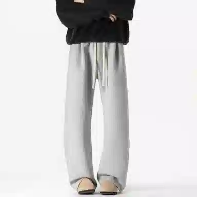 美式复古纯色基础款中腰拼接明线褶皱弯刀裤加绒加厚裤子宽松大码卫裤直筒阔腿休闲长裤简约百搭重磅垂感针织运动裤 男女同款