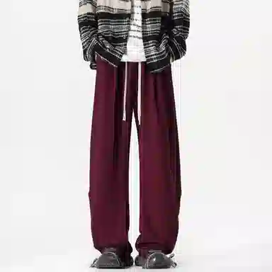 美式复古纯色基础款中腰拼接明线褶皱弯刀裤加绒加厚裤子宽松大码卫裤直筒阔腿休闲长裤简约百搭重磅垂感针织运动裤 男女同款