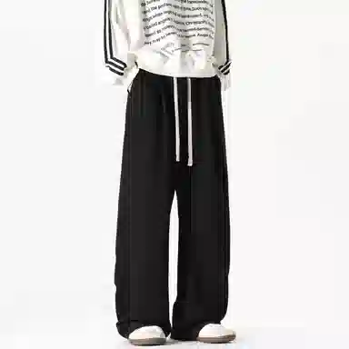 美式复古纯色基础款中腰拼接明线褶皱弯刀裤加绒加厚裤子宽松大码卫裤直筒阔腿休闲长裤简约百搭重磅垂感针织运动裤 男女同款