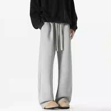 美式复古纯色基础款中腰拼接明线褶皱弯刀裤加绒加厚裤子宽松大码卫裤直筒阔腿休闲长裤简约百搭重磅垂感针织运动裤 男女同款