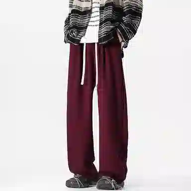 美式复古纯色基础款中腰拼接明线褶皱弯刀裤加绒加厚裤子宽松大码卫裤直筒阔腿休闲长裤简约百搭重磅垂感针织运动裤 男女同款
